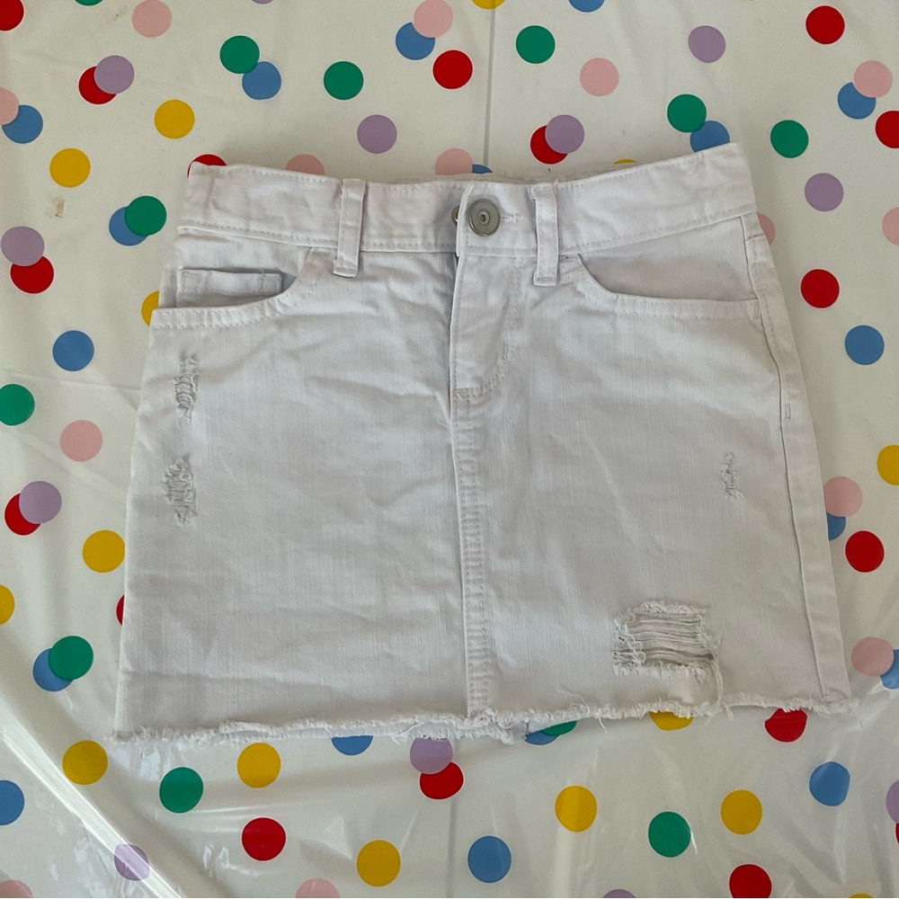 Kids White Distressed Denim Mini Skirt
